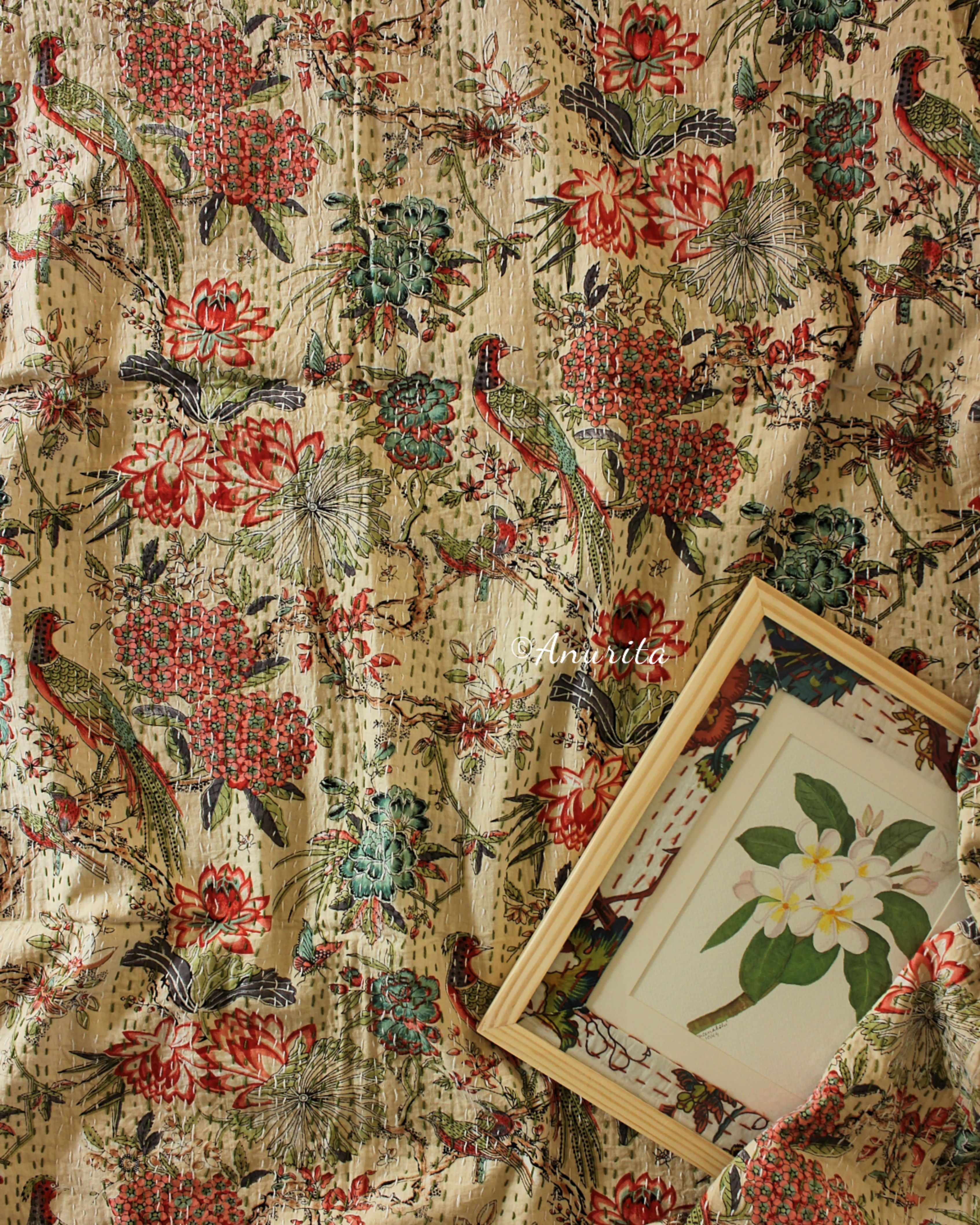 Standard Double Cotton Printed "Mughal Garden" Gudri Bedspread