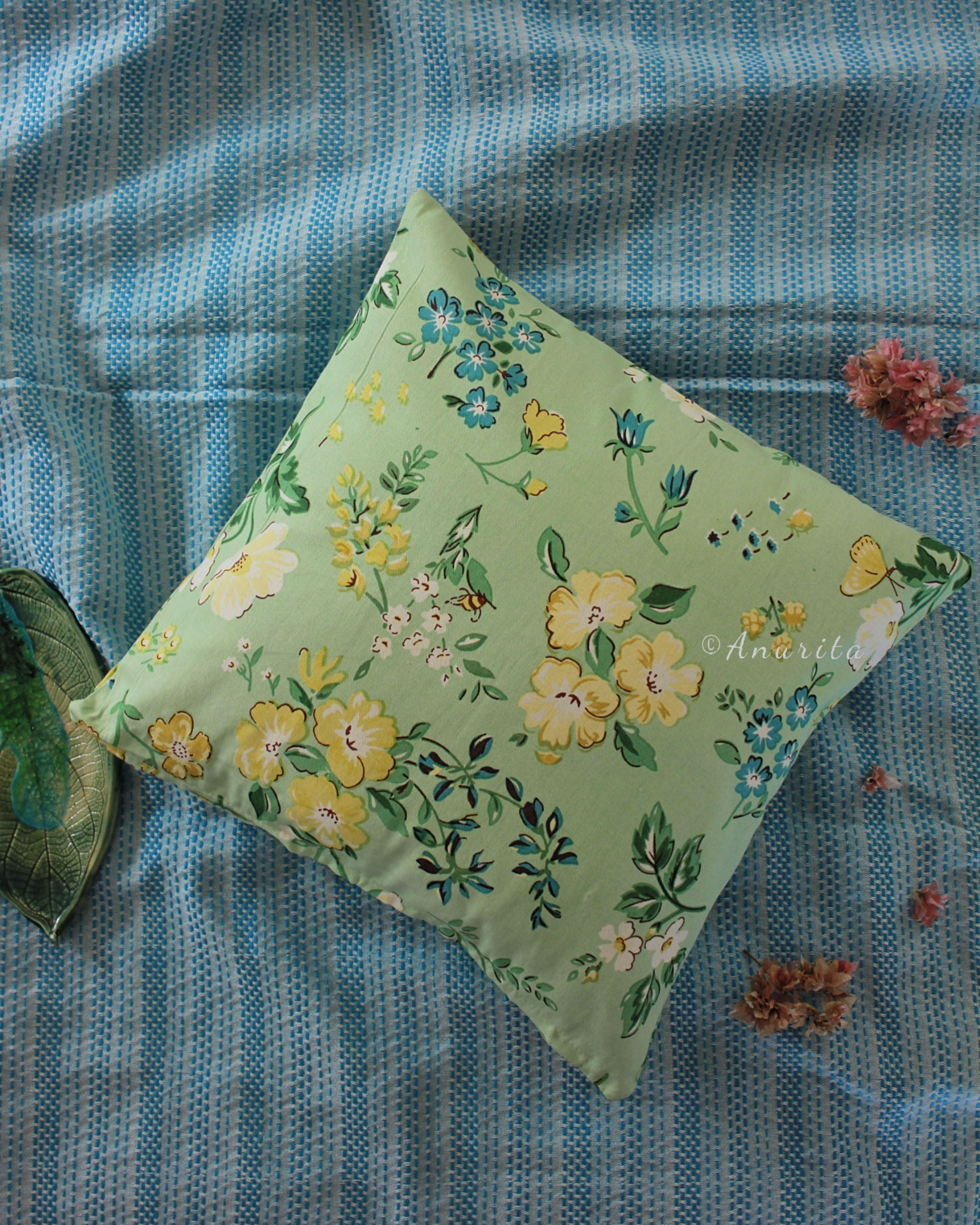 Thick Cotton Floral on Sage Green Square Cushion Cover (set of 2)