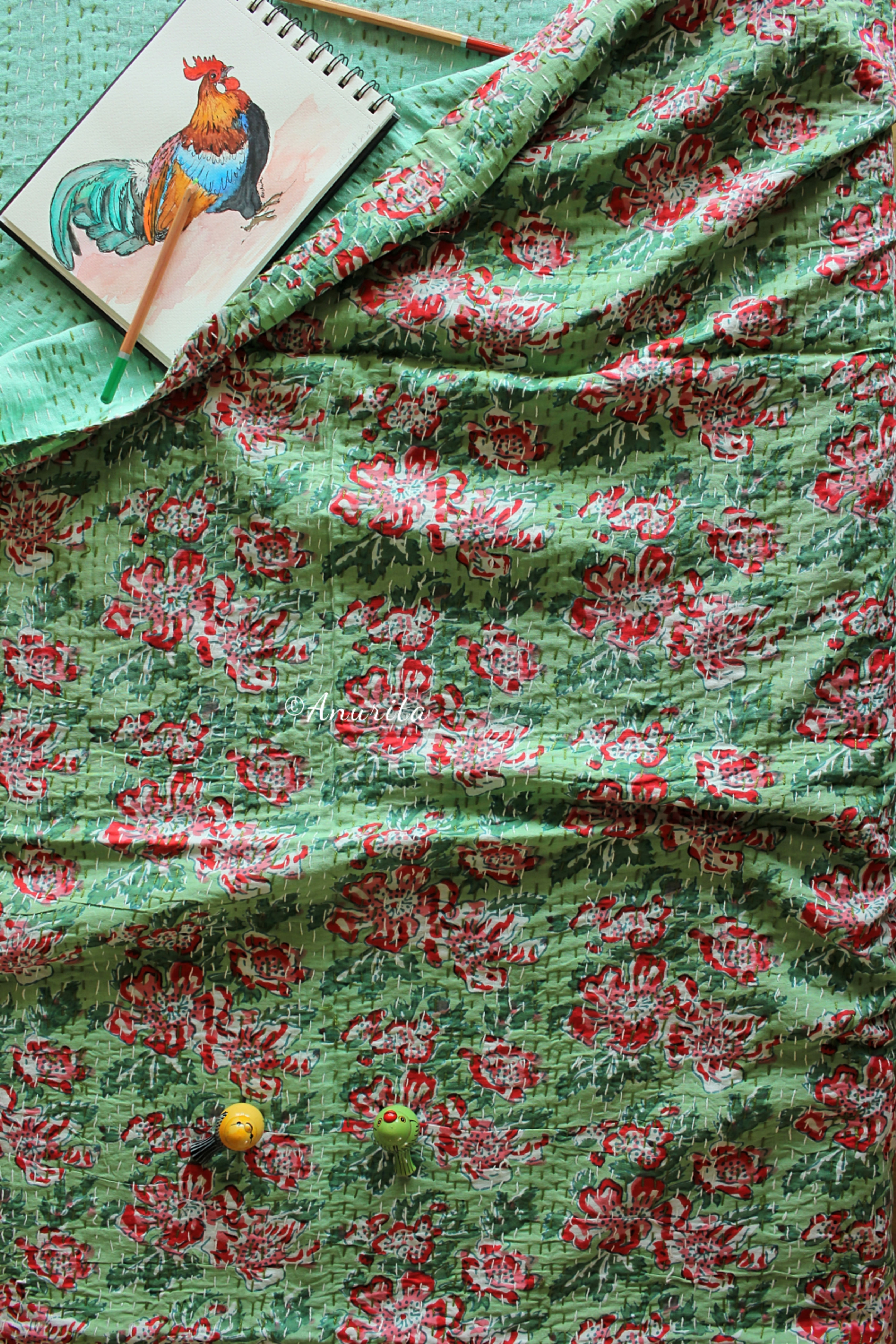 Standard Double Cotton Printed "Green Meadow" Gudri Bedspread