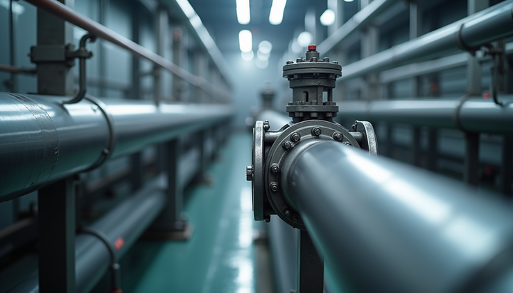 Eye-level view of stainless steel ball valve installed in an industrial pipeline system