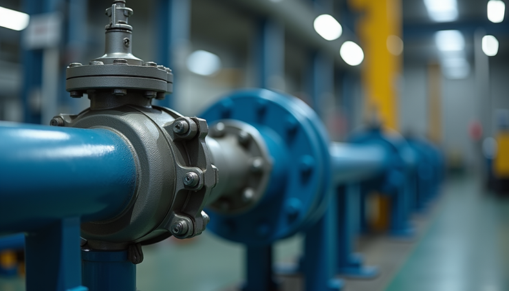 Close-up view of industrial valve connected to pipe with flange and pipe fittings