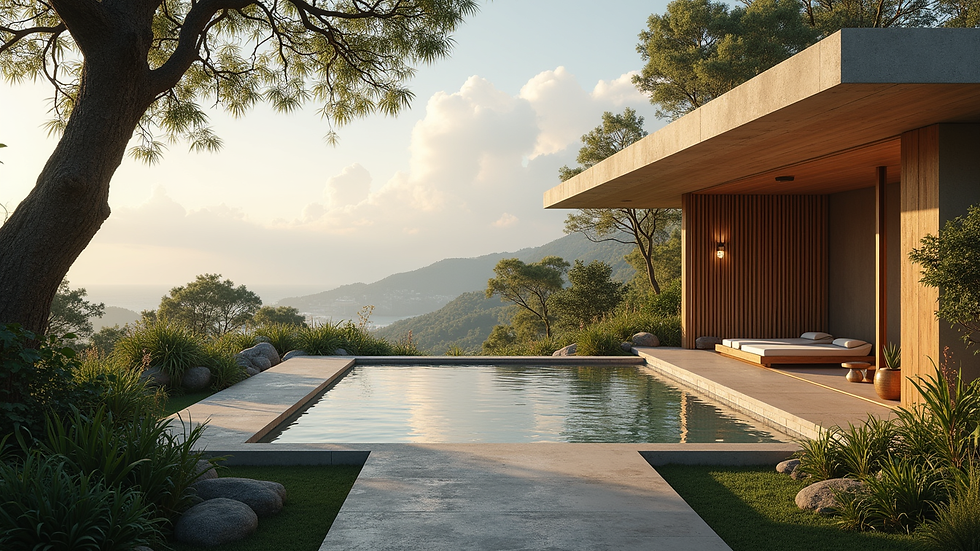 Wide angle view of a serene wellness retreat surrounded by nature