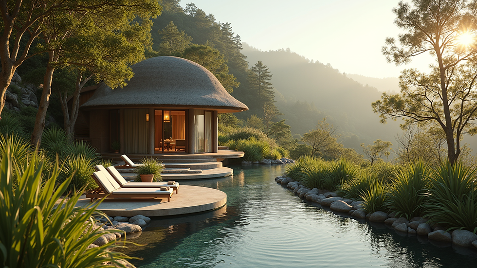 Wide angle view of a serene wellness retreat surrounded by nature