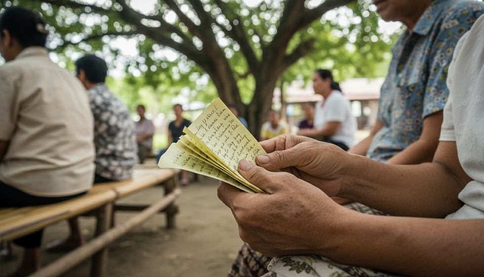 Wide-angle view of a quiet covered court prepared for a community assembly