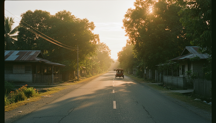 Eye-level view of a rural road leading through a town in Bulacan.