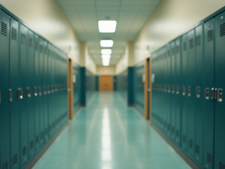 A school hallway with blue lockers on either side leading to a wooden school door.