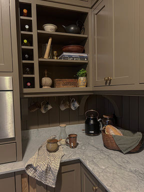 Custom shaker cabinetry, bespoke and handcrafted, Ontario grown and ontario handcrafted, luxury design, quality craftmanship, enlish inspired, elegant, traditional, solid wood, custom storage, bespoke, solid wood, range hood, high end, moody colour drench, marble countertop, coffee nook, vintage styling