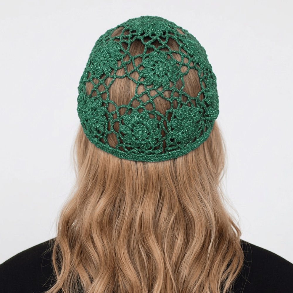 Green Floral Crochet Skull Cap, Yeşil Çiçek Desenli Örgü Saç Bonesi