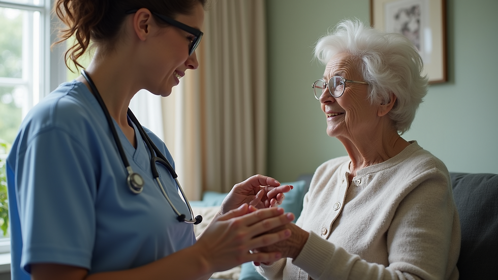 Eye-level view of a caring home health aide assisting an elderly person