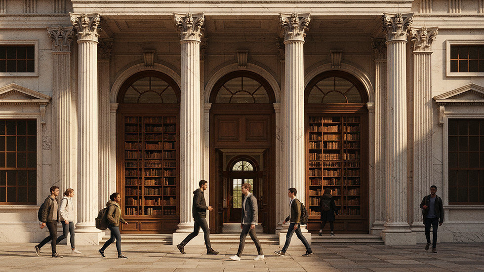 eye-level view of university building with students walking