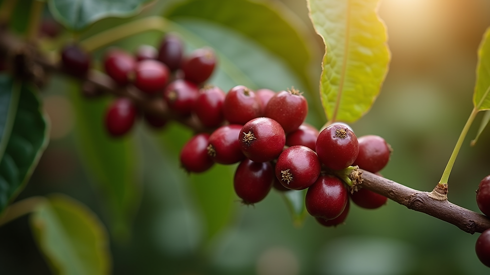 Close-up view of ripe coffee cherries on a branch ready for harvest