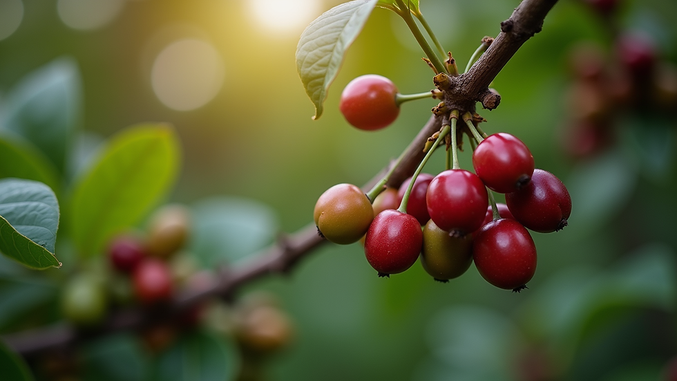 Close-up view of coffee cherries hanging on a branch