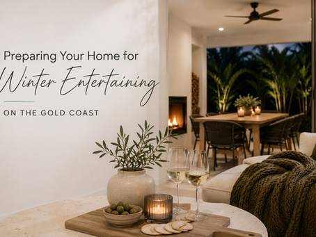 Modern Gold Coast home with a covered outdoor entertaining area, fireplace and seamless indoor outdoor living designed for winter entertaining.
