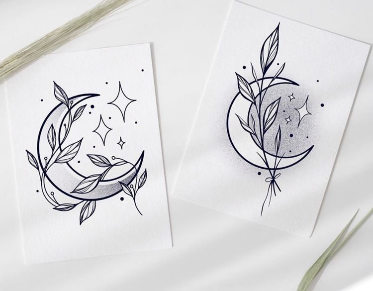 simple feminine moon and stars blackwork linework drawing design idea for women