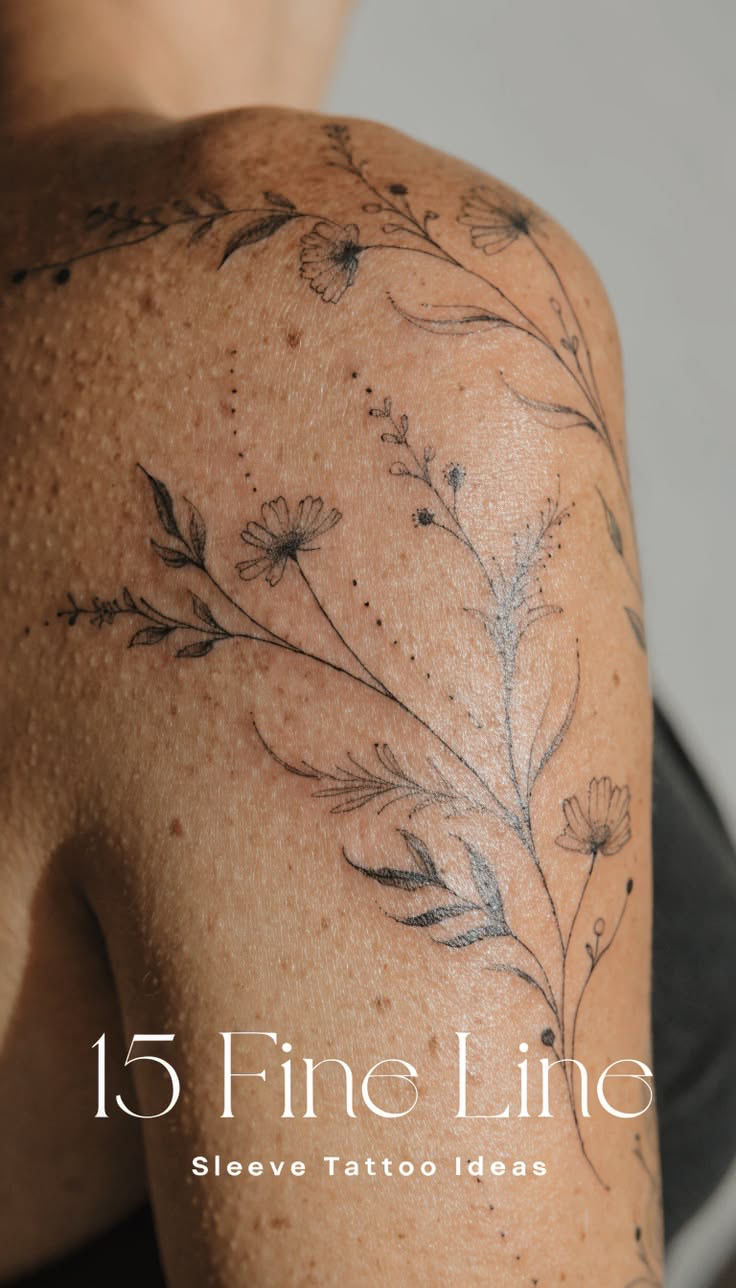 Delicate Fine Line tiny botanical floral flower bouquet tattoo drawing