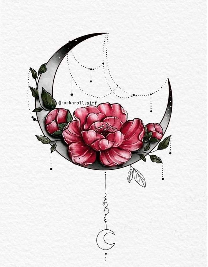 Peony flower and moon tattoo with delicate beading for women
