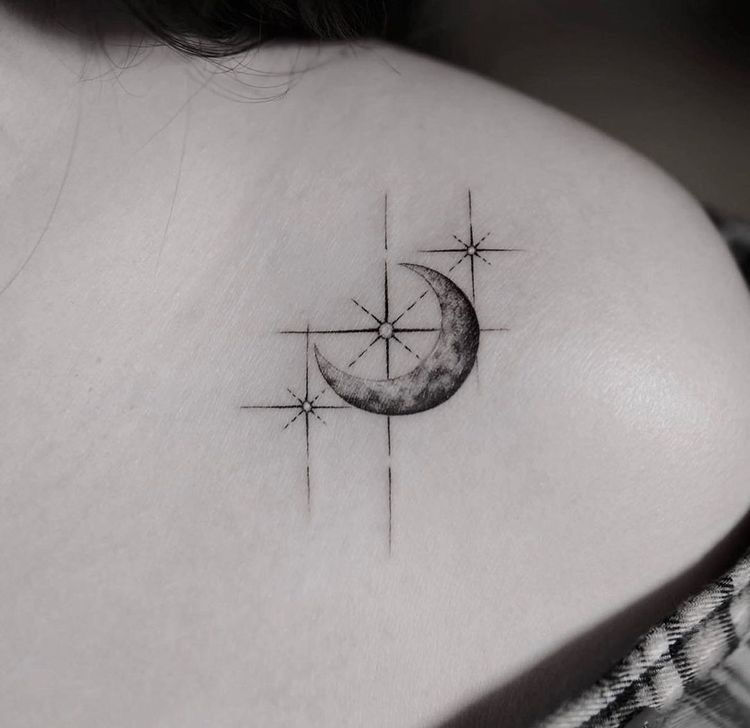 minimalist moon and stafrs tattoo design with realistic moon on chest tattoo