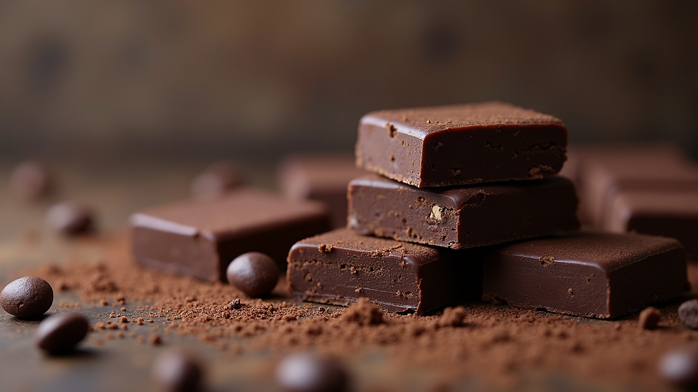 Close-up view of dark chocolate squares stacked neatly