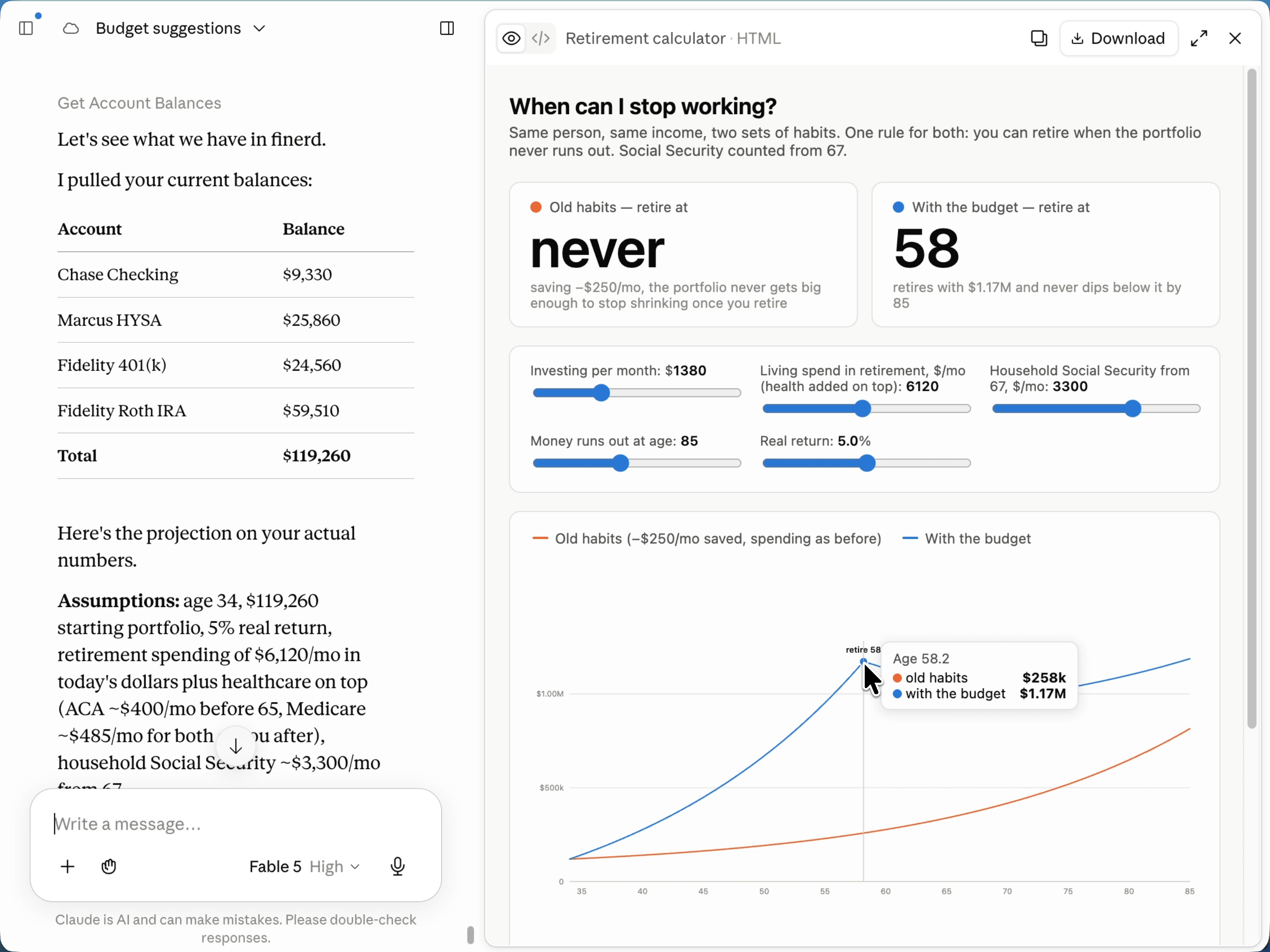 Claude pulling account balances from finerd beside a retirement calculator that compares retiring at never on old habits with retiring at 58 on the new budget