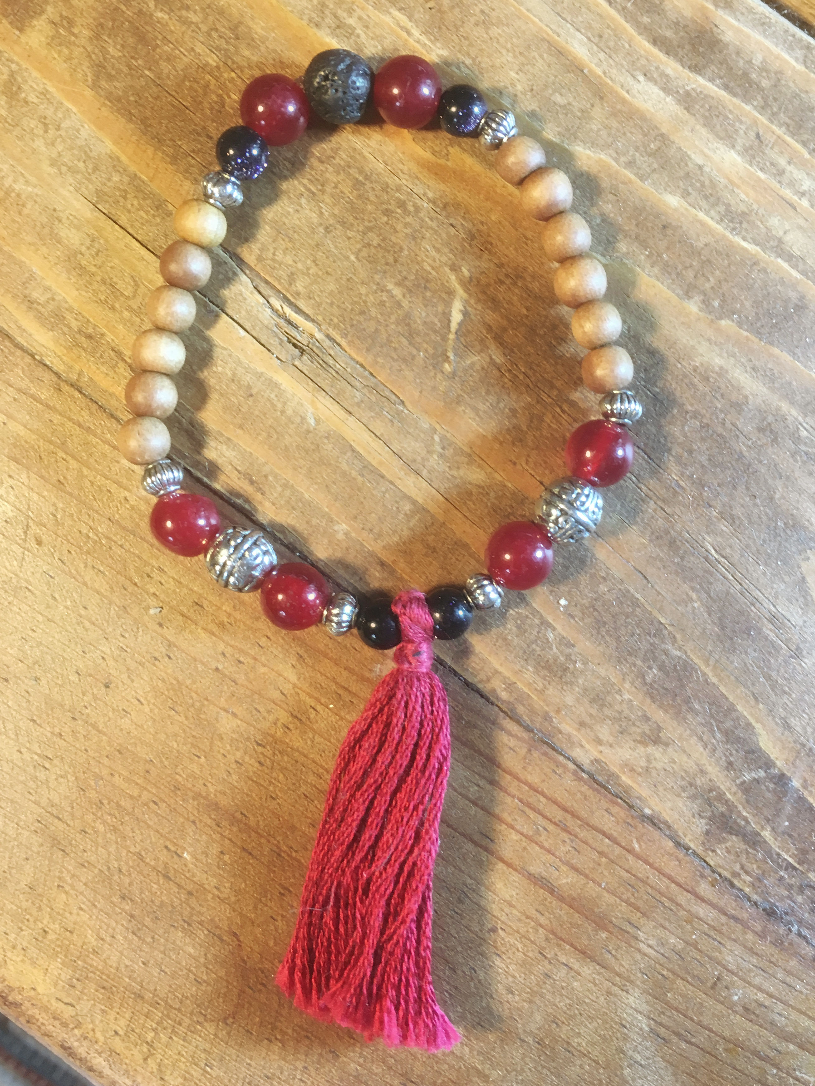 Red Carnelian, Black Jasper, Lava Stone & Sandalwood Mala Bracelet