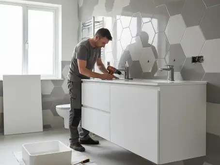 Homeowner installing a modern wall-hung bathroom vanity unit in a UK home using DIY tools