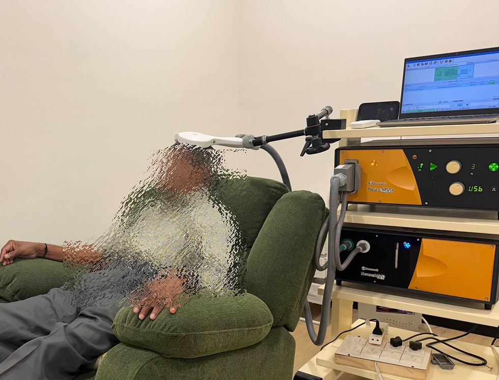 Masked image of an elderly Parkinson’s disease patient undergoing rTMS treatment for depression at Manaha Clinic