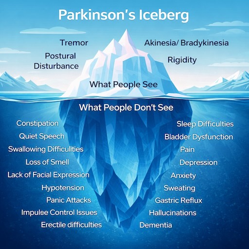 Parkinson's Iceberg - Its Symptoms - What People see and what they dont see
