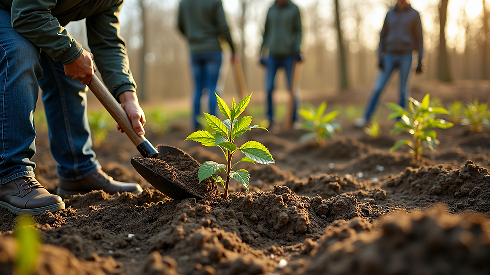 High angle view of a group volunteering outdoors planting trees