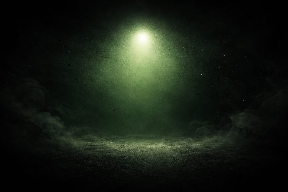 Luz verde forte iluminando um ambiente escuro com neblina e chão molhado, criando uma atmosfera tensa e misteriosa que remete