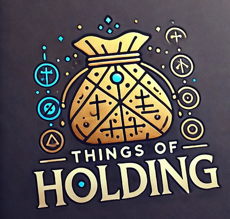 Things Of Holding logo with a golden rune-covered pouch and glowing icons above bold, fantasy-style text.