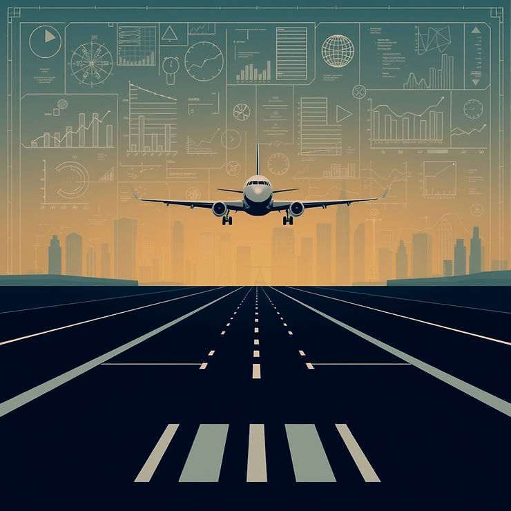 site page background graphic of airplane taking off of runway with city skyline and various business graphs in the background