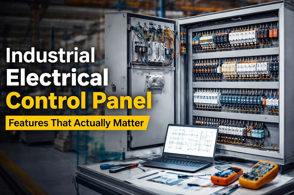 Industrial electrical control panel with PLC, breakers, and wiring in factory environment
