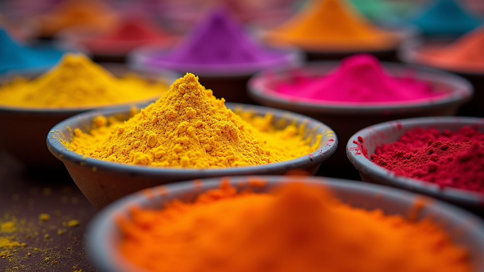 Close-up view of vibrant organic Holi colors in bowls
