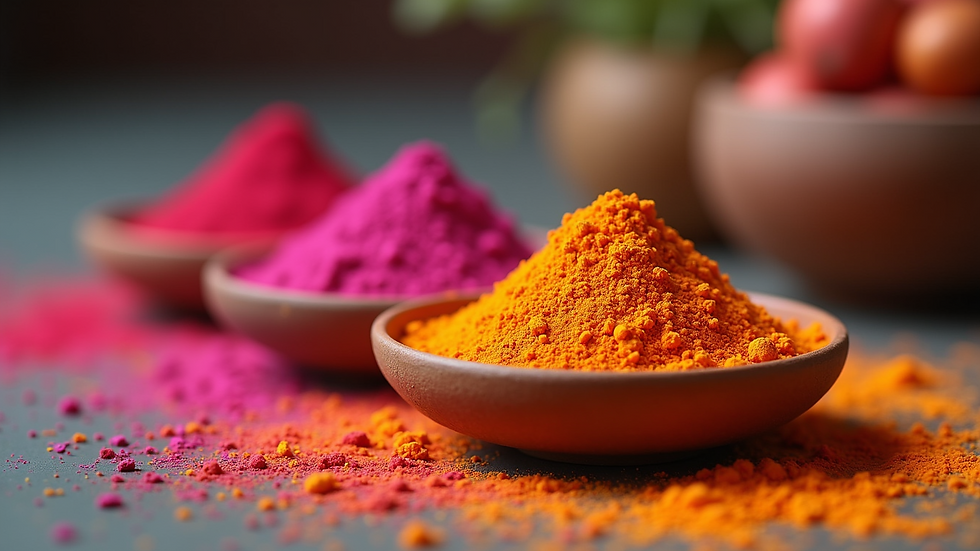 Eye-level view of natural Holi gulal powders in eco-friendly packaging