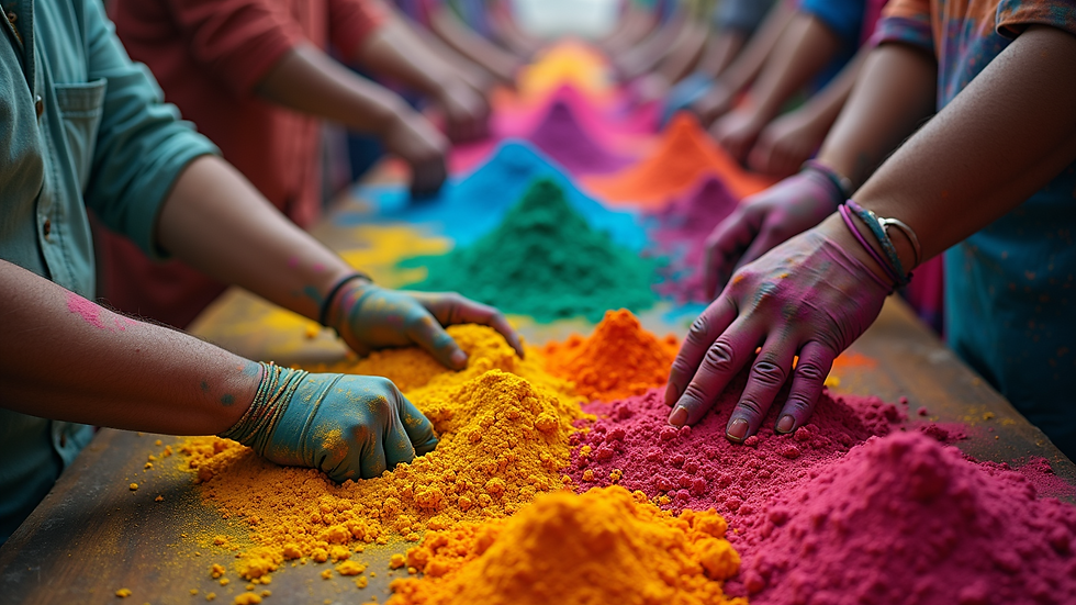 High angle view of factory workers packaging organic Holi colours