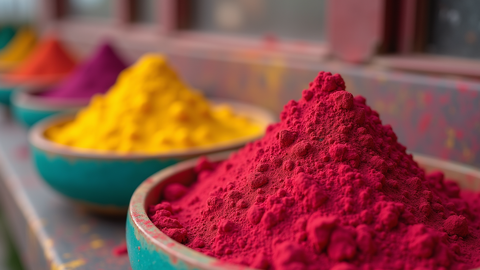 Eye-level view of eco-friendly herbal Holi color powders in eco-friendly packaging