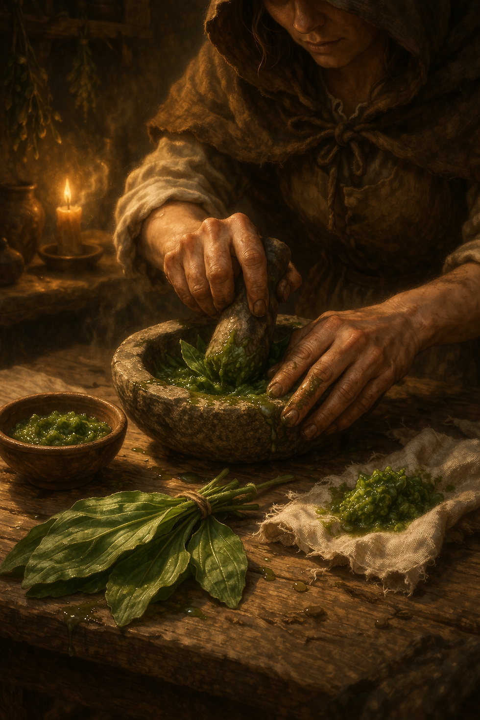 A person in a hood crushes green herbs with a mortar and pestle by candlelight. Rustic setting with wooden table and earthy tones.