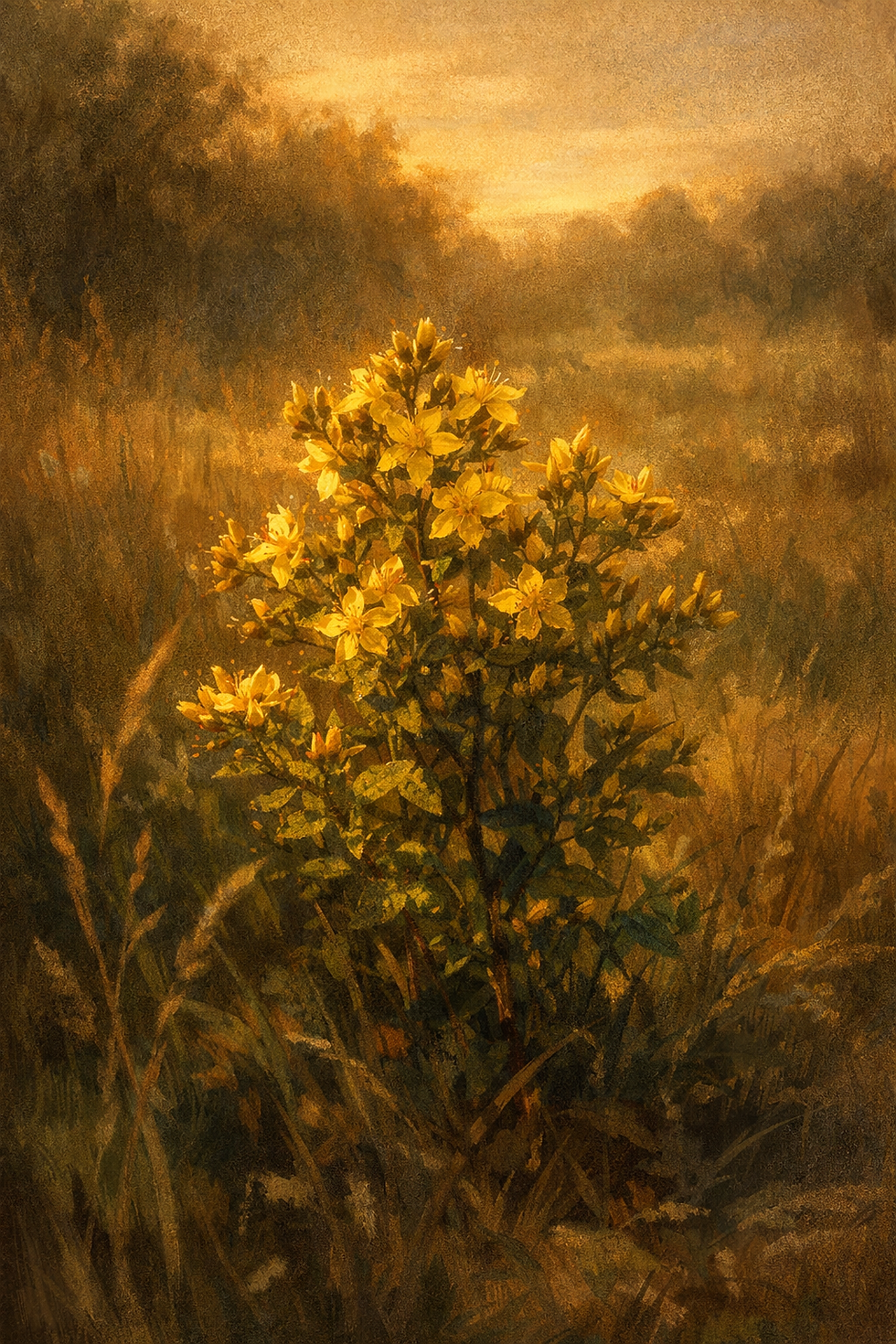 Yellow flowers bloom in a sunlit field, surrounded by tall grass and trees, creating a warm, serene atmosphere.