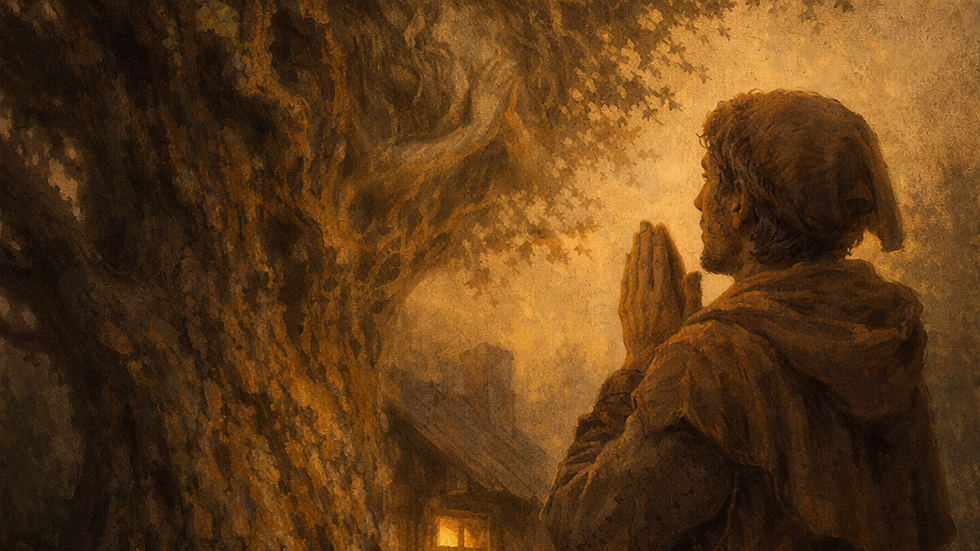 A man prays to a tree with a woman's face in dim light. Berries hang overhead, and a lit cottage is in the background, creating a mystical mood.