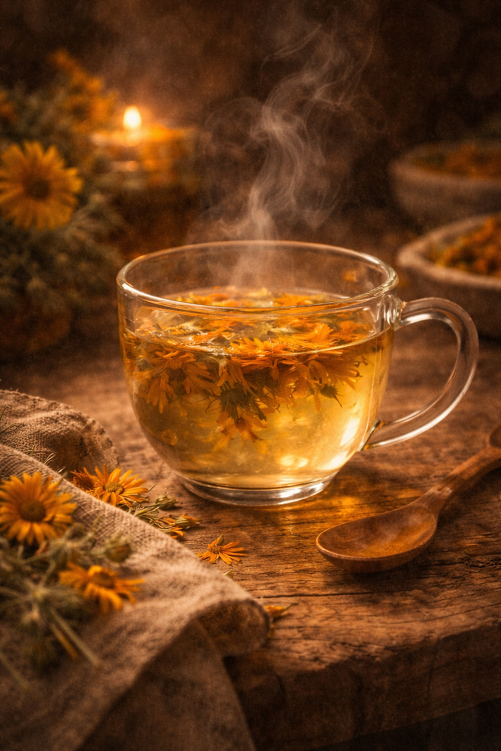 A steaming cup of herbal tea with yellow flowers on a rustic wooden table. Warm, cozy atmosphere with a soft glow in the background.