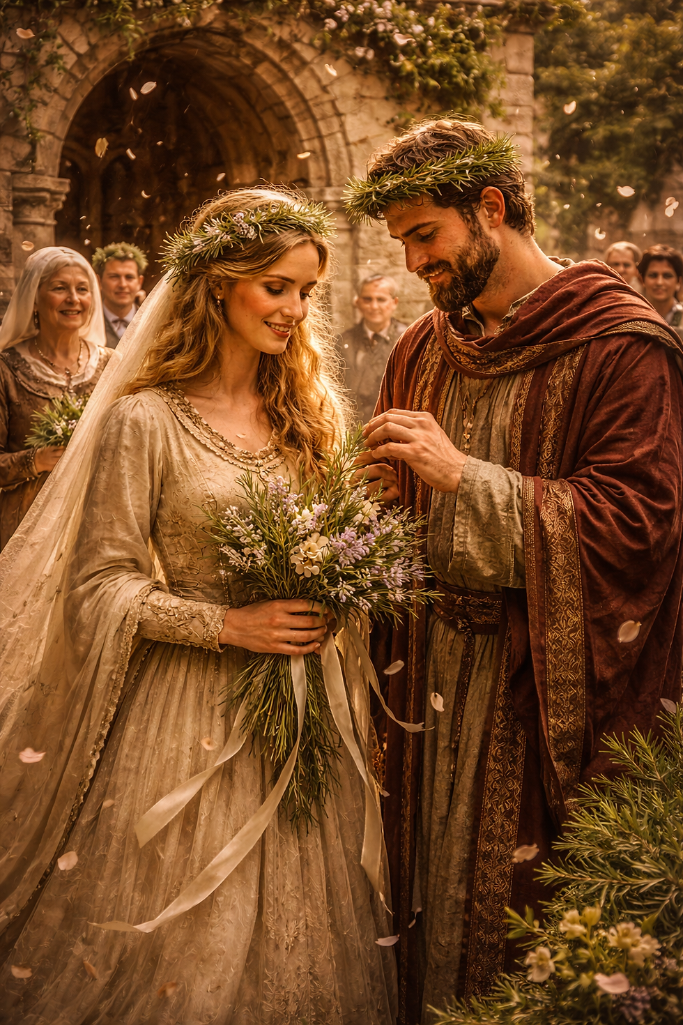 A couple celebrates their wedding in medieval attire, exchanging rings amidst a floral arch. Joyful guests and petals surround them.