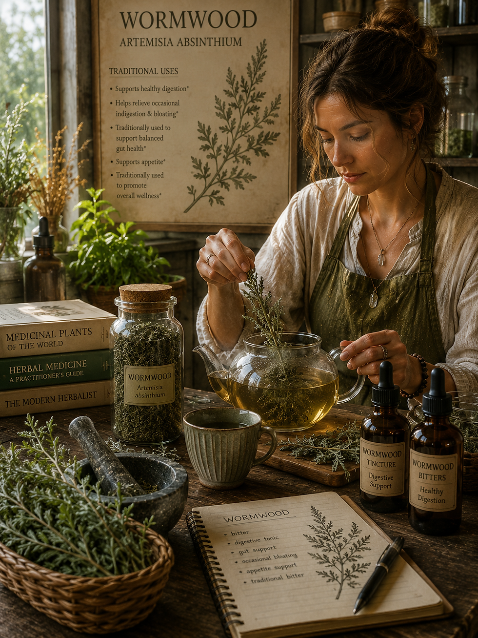 Woman in an herbal workshop adds wormwood to a glass teapot, surrounded by jars, tinctures, books, and a wormwood poster.