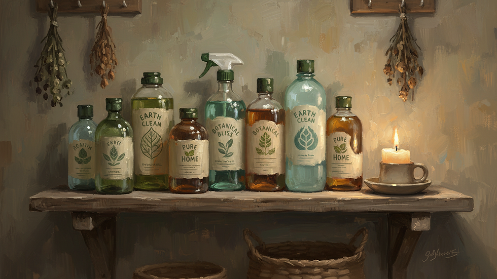 Eye-level view of eco-friendly cleaning bottles on a wooden shelf
