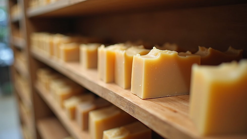 Eye-level view of artisan soap bars displayed on wooden shelf