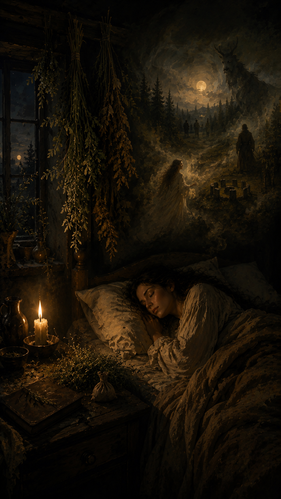 Sleeping woman in a candlelit bed, facing a moonlit forest mural with figures, a deer spirit, and hanging mugwort in a dark room