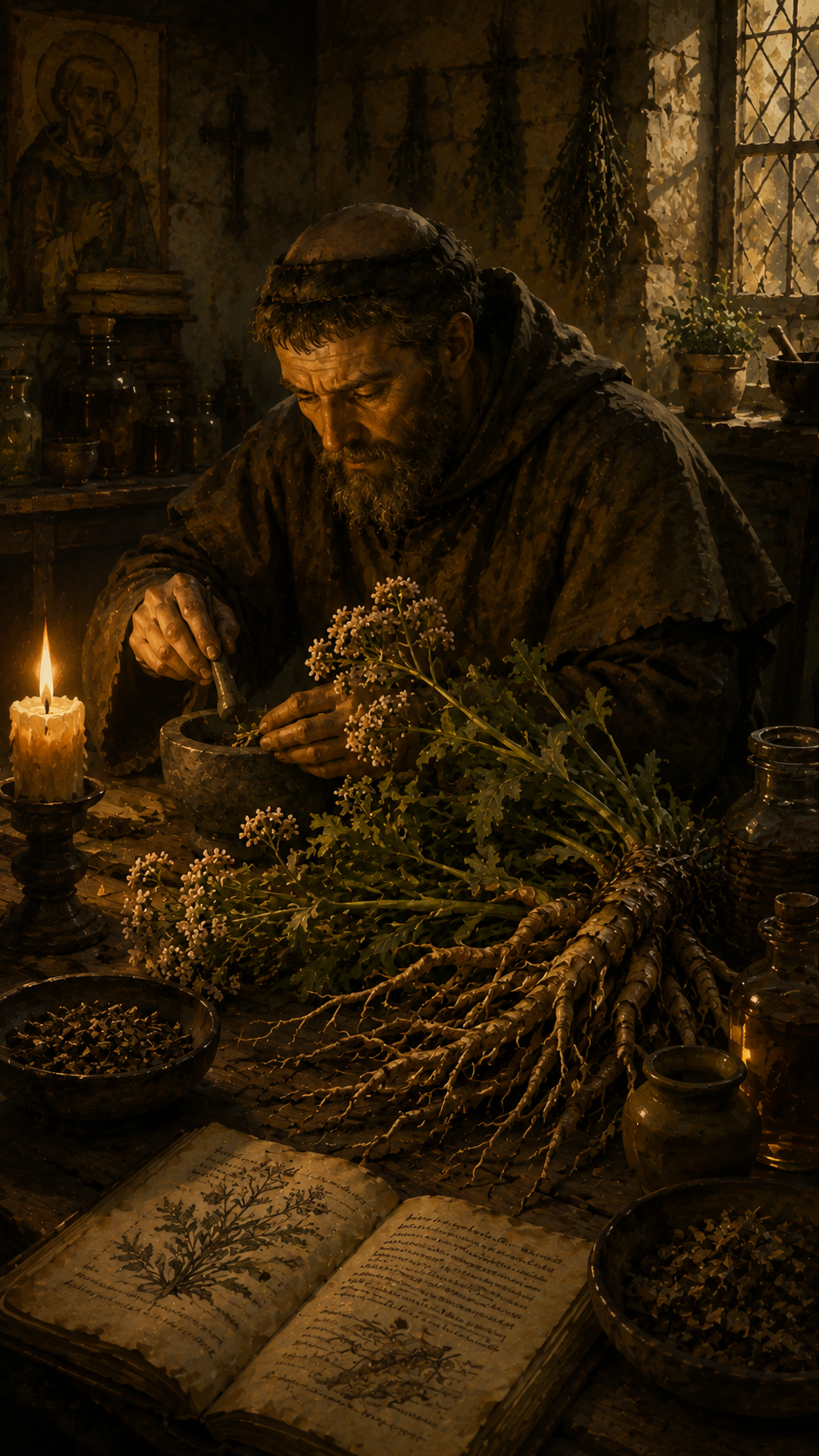 Monk in candlelit room, grinding herbs in a mortar. Open book with plant illustrations, dried herbs hanging, rustic and contemplative mood.