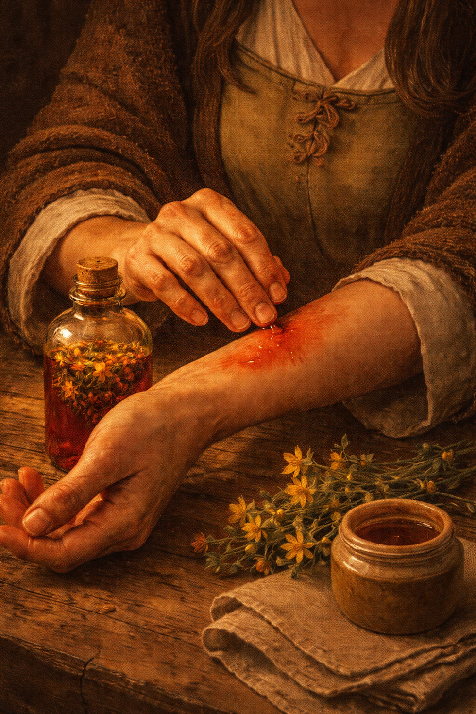 Woman applying herbal remedy to her arm beside a wooden table with a jar, flowers, and a rustic fabric. Warm, sepia-toned setting.