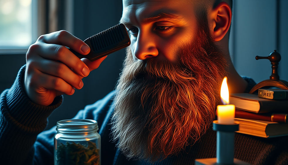 Eye-level view of wooden comb resting on a thick, well-groomed beard