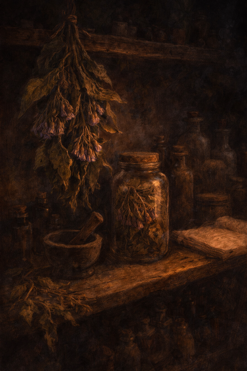 Dimly lit shelves with hanging dried herbs, glass jars, a mortar and pestle. Warm brown tones create a rustic, mysterious ambiance.