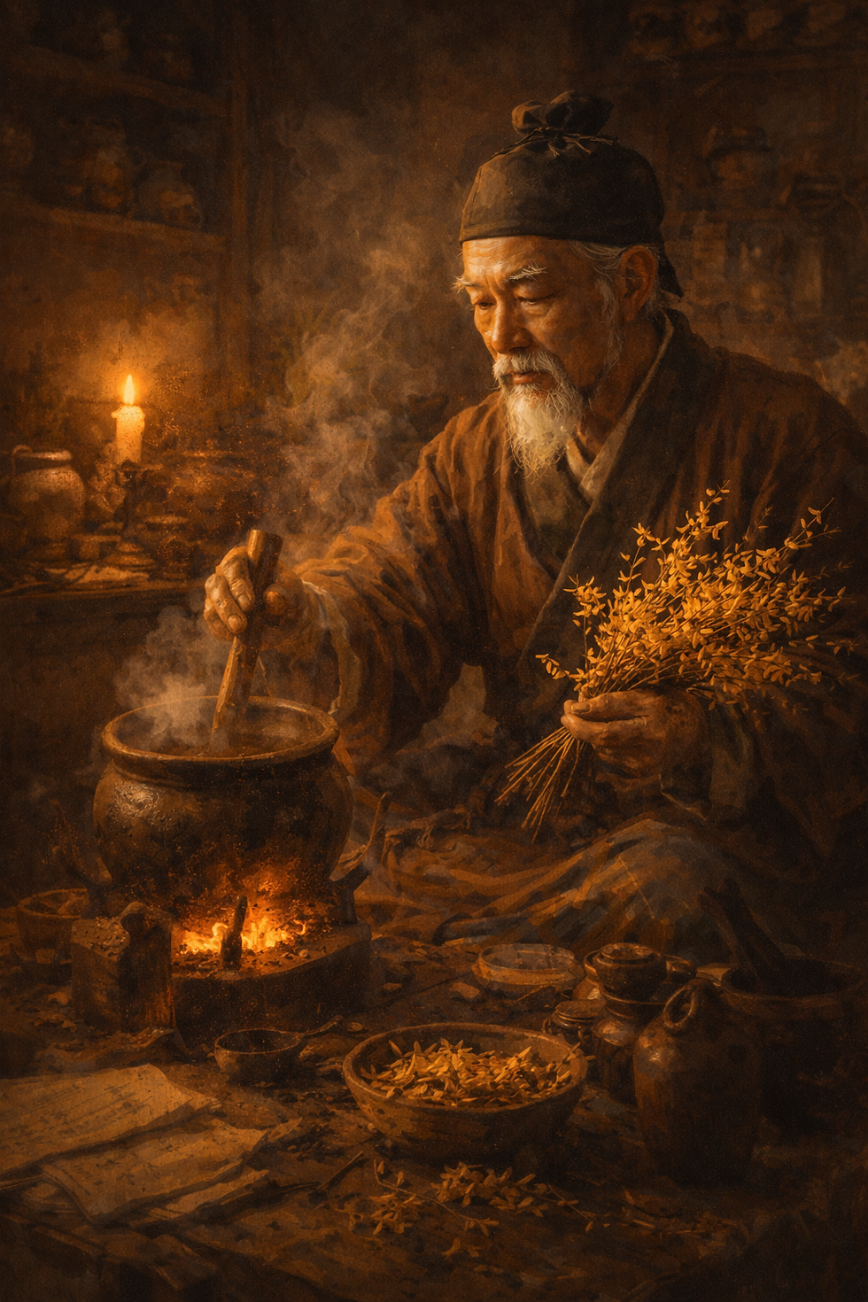An elderly man in traditional attire stirs a pot over fire, holding herbs. A candle glows in a rustic, dimly lit room, creating a tranquil mood.